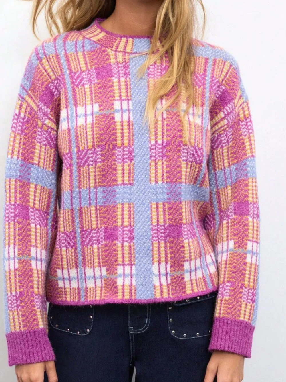 Red Violet Casual Women's Brushed Plaid Knit Sweater With Crew Neck